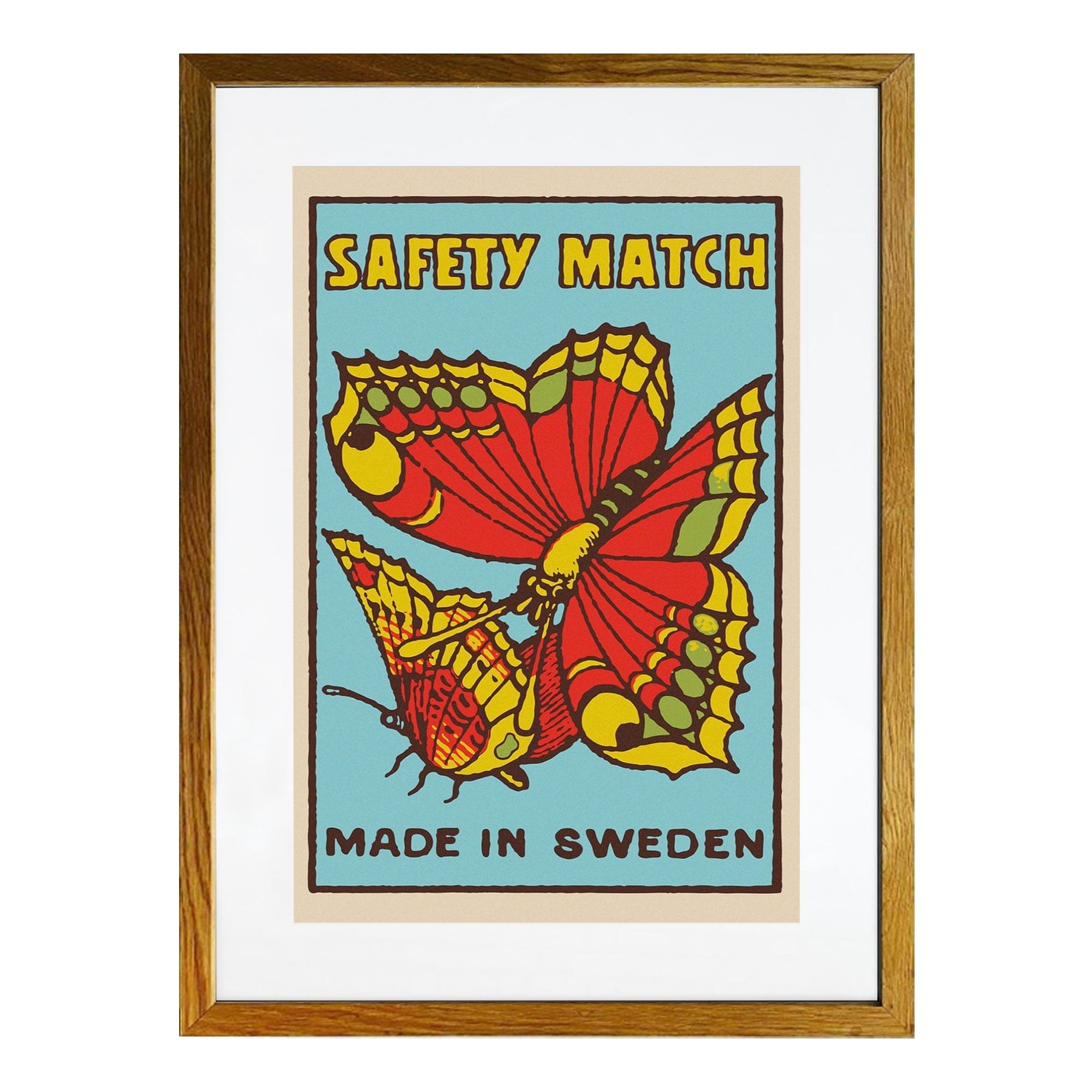 Butterfly Framed Matchbox Label Print - Red / Oak / A3, original merchant product photograph