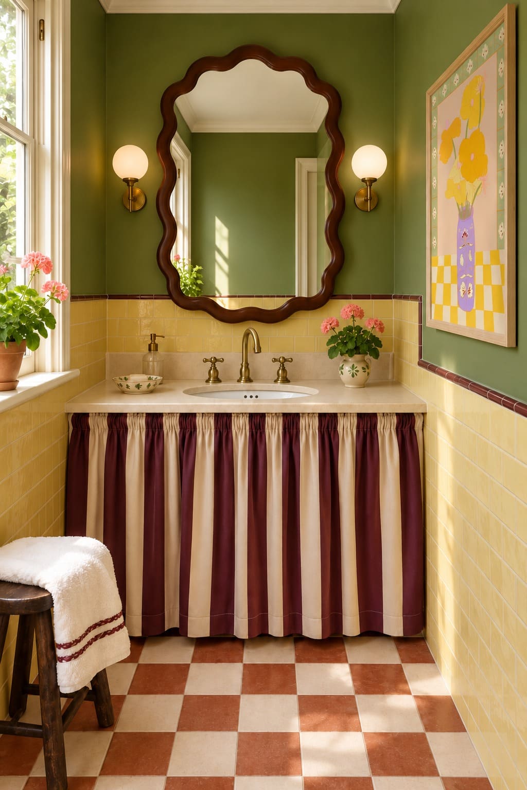 Aubergine-striped basin skirt in a green and yellow cloakroom, with a scalloped mirror and the Pastel Poppies print.