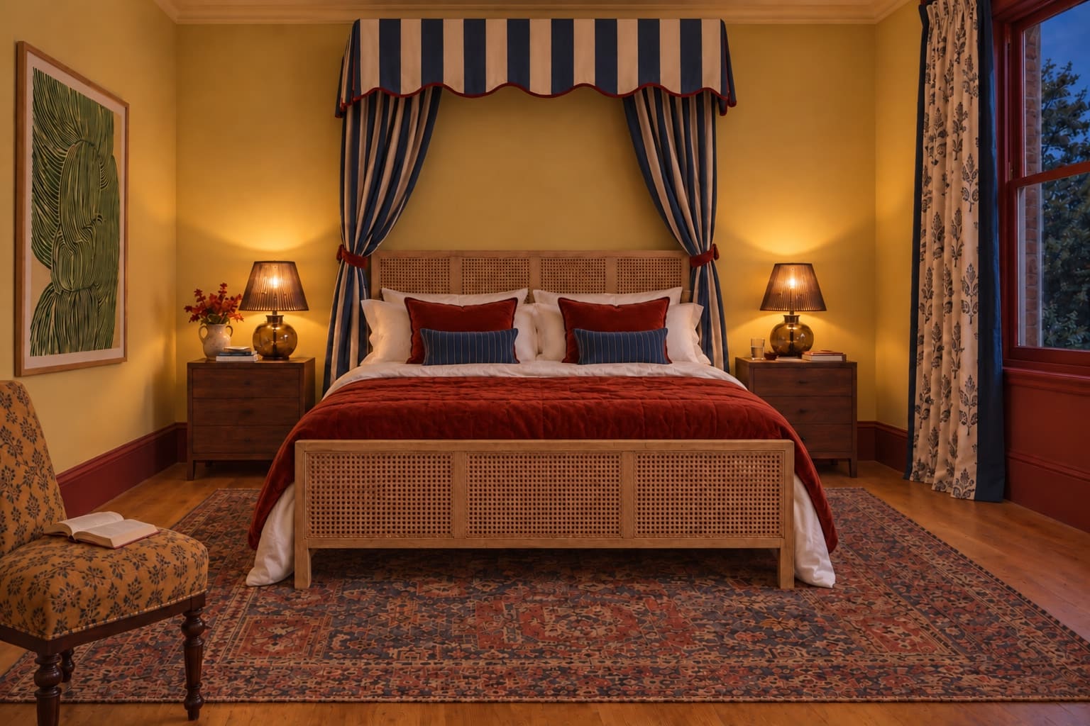 Ochre bedroom at dusk with a squarely aligned cane bed, rust bedding, striped half-tester canopy and two glowing bedside lamps.