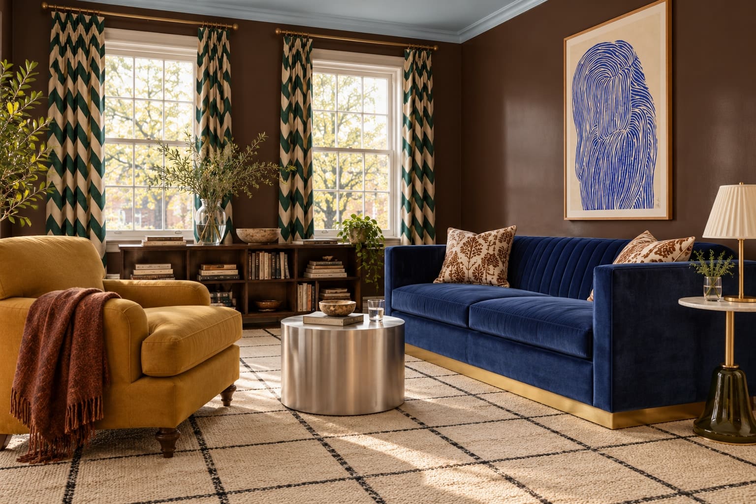 Chocolate sitting room with a blue Opal sofa, ochre Deni armchair, chevron curtains, Deep Blue print and silver drum table.