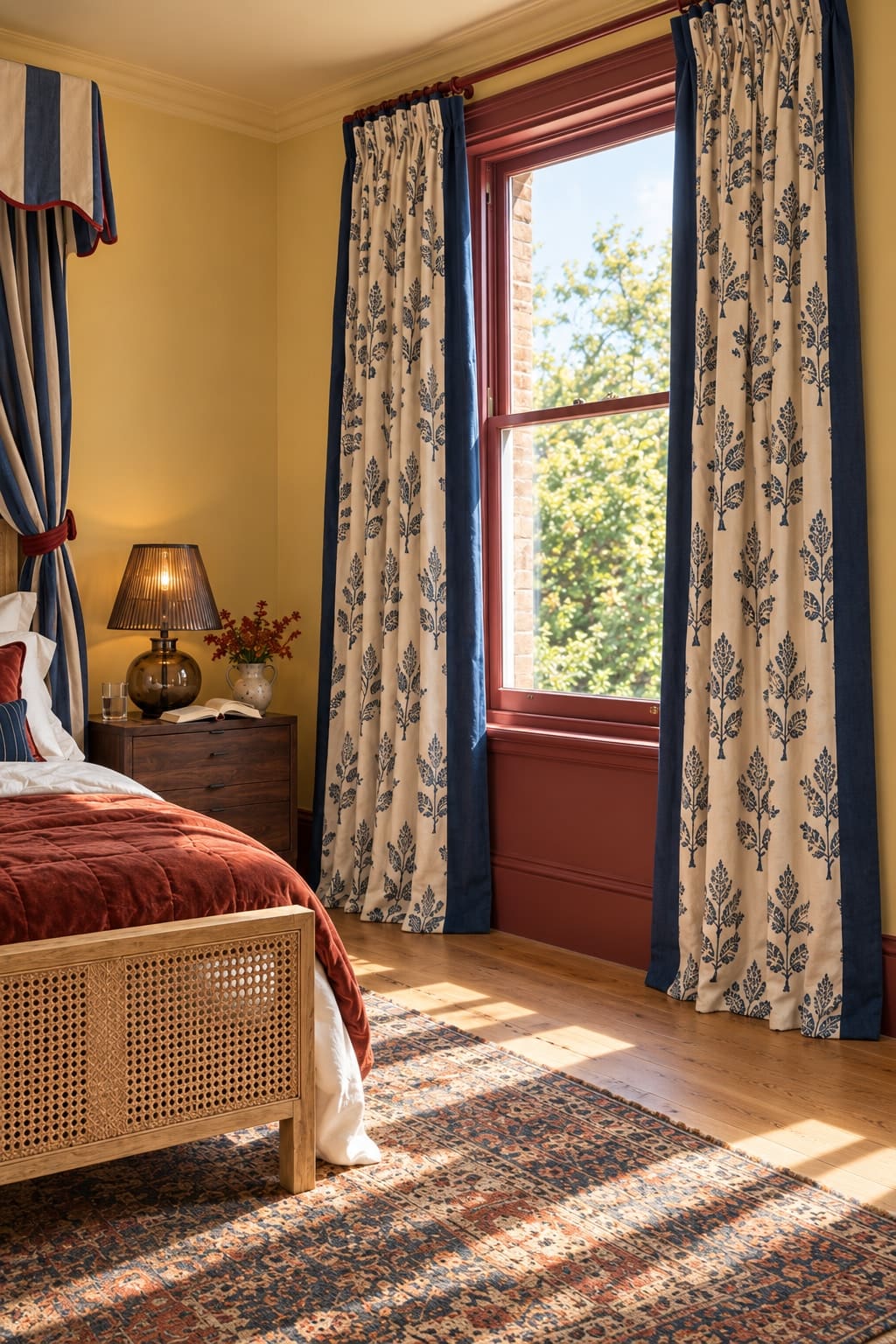 Indigo-edged botanical curtains around an oxblood window frame in a yellow bedroom, beside a smoked-glass lamp.