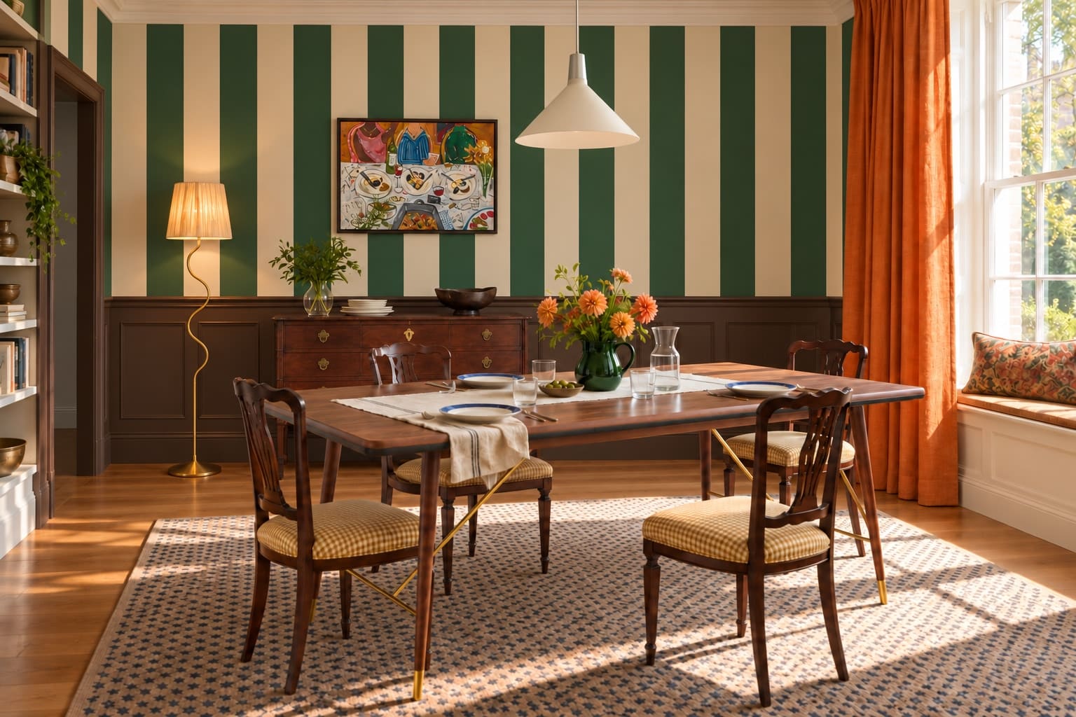 Kenso walnut table, older mahogany chest and checked chairs against broad green stripes, with cinnamon curtains and A Cafe in Paris art.