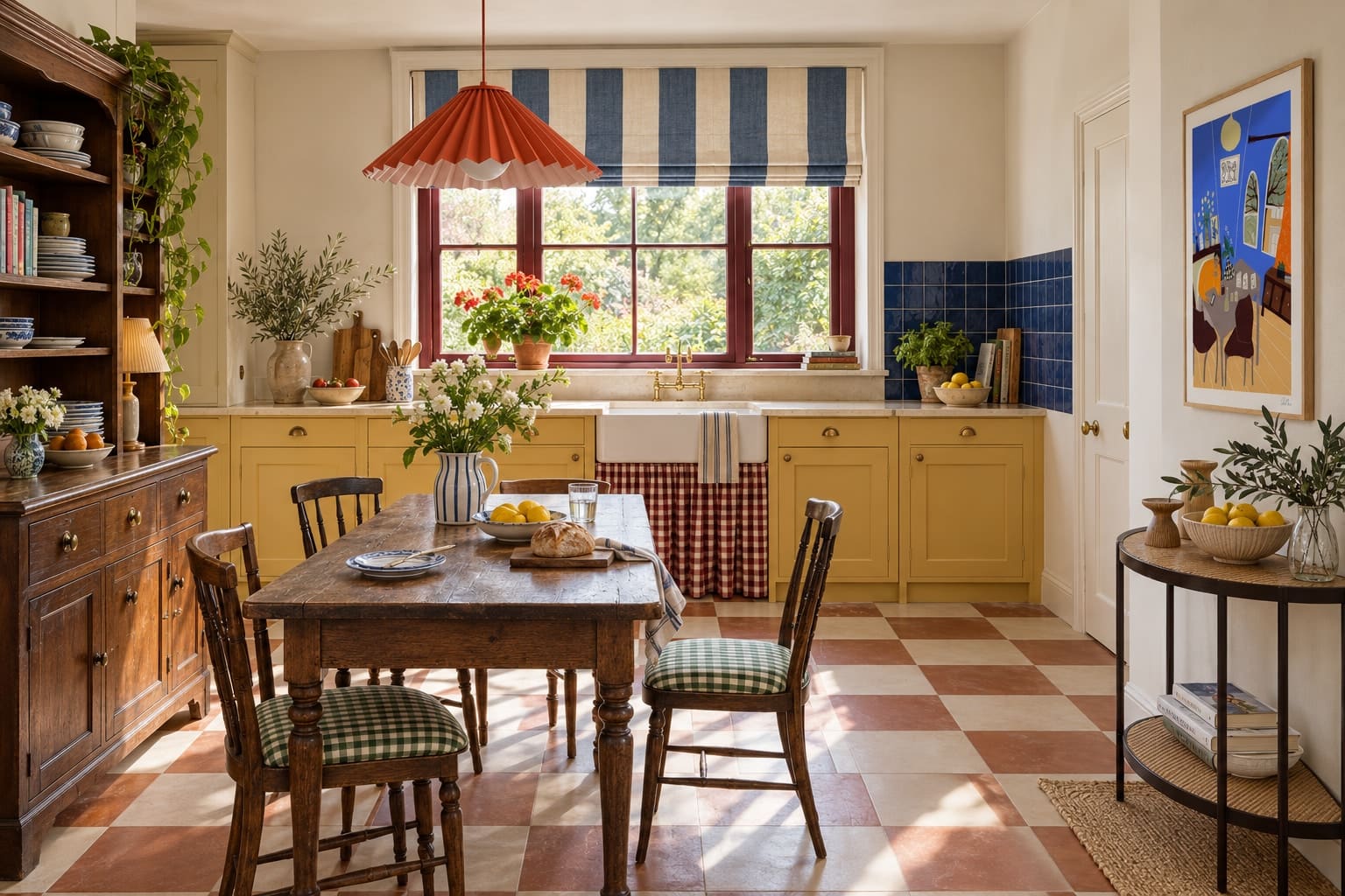 Yellow kitchen with a checked sink skirt, cobalt tiles, striped blind, Pleat pendant and Blue Living Room print beside a timber console.