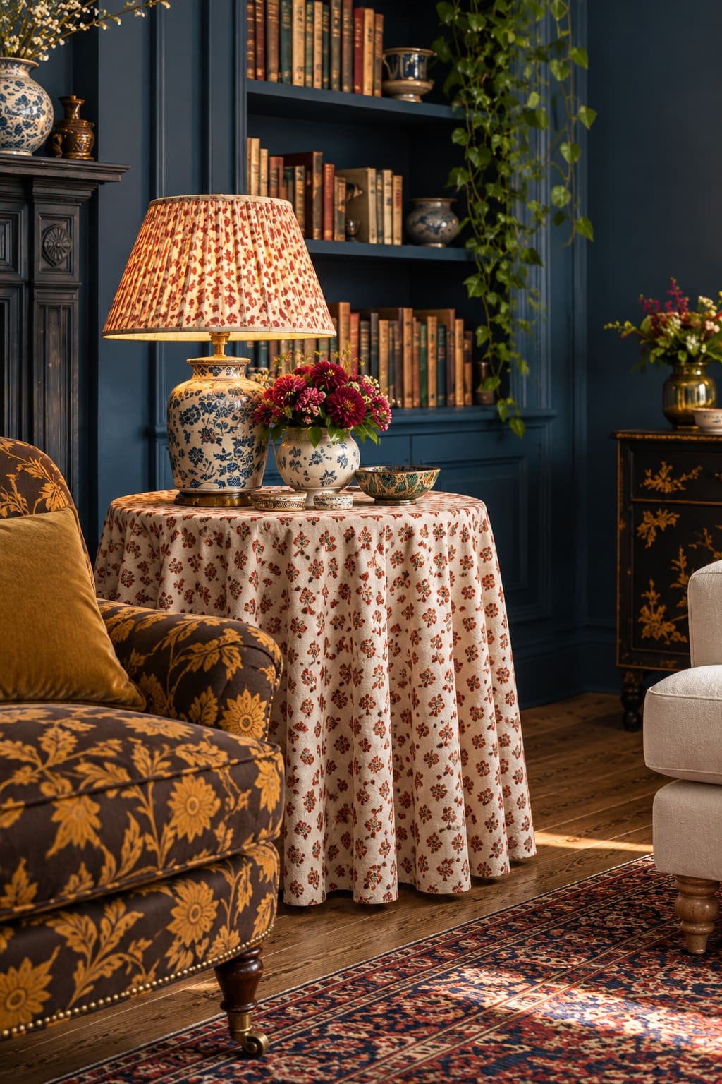 Russet floral table skirt and gathered lampshade beside a botanical armchair and ink-blue bookcase.