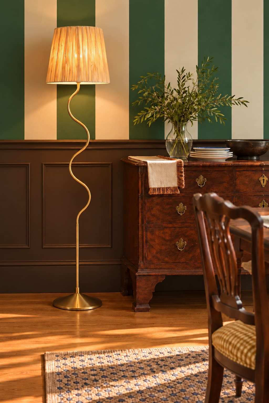 Winding brass floor lamp with raffia shade beside a dark chest and green striped wall.
