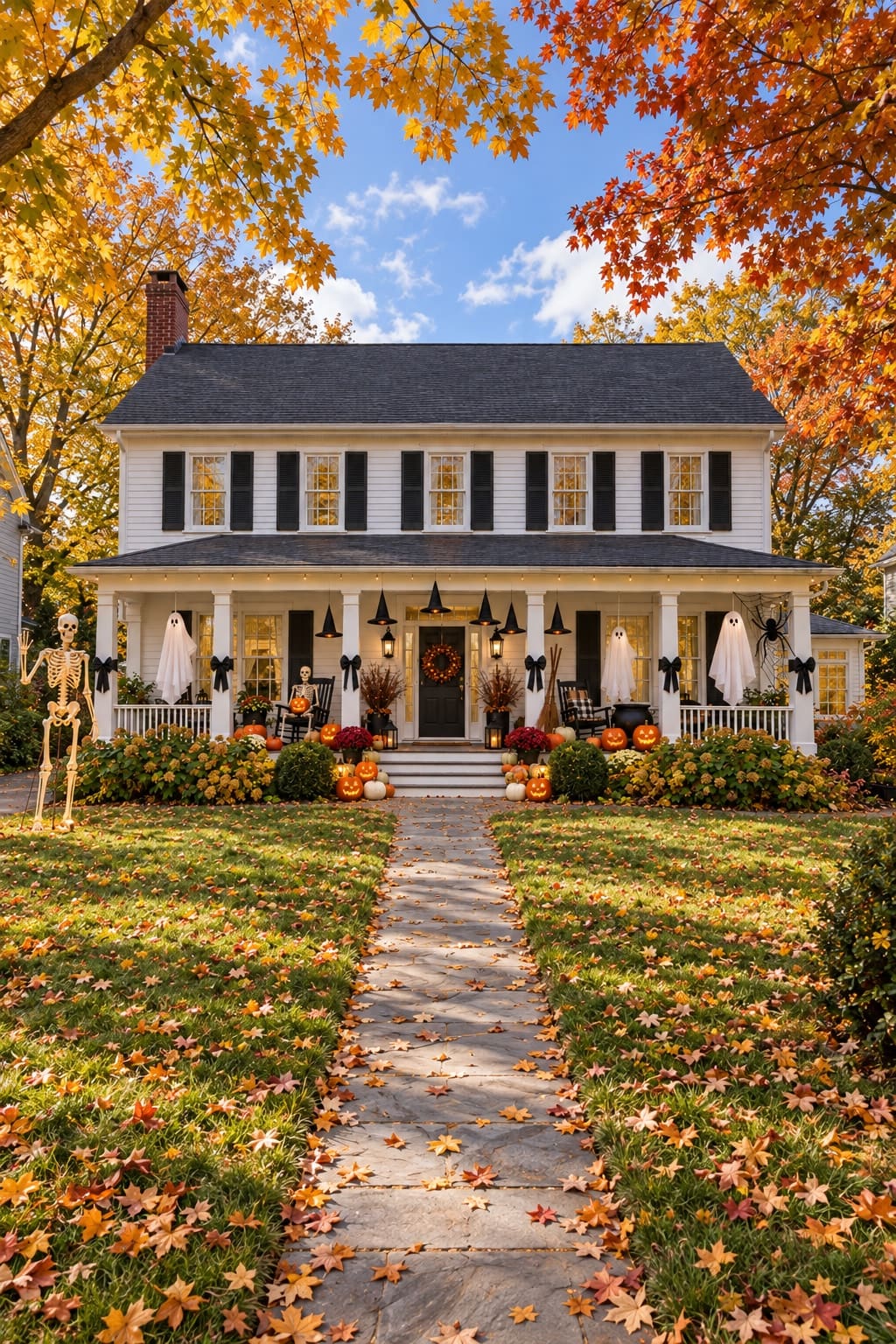In daylight, the pumpkins, porch ghosts and spider’s web sit within the house’s familiar rhythm of white columns and black shutters.