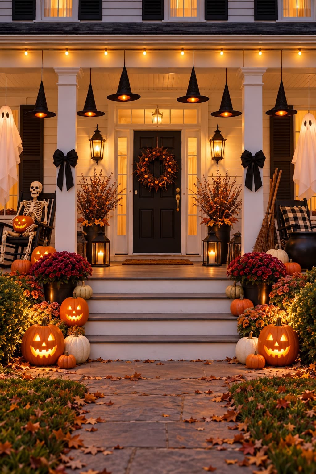 A cauldron, brooms and glowing jack-o’-lanterns flank the entrance. The enclosed brass hall lantern remains visible through the transom.