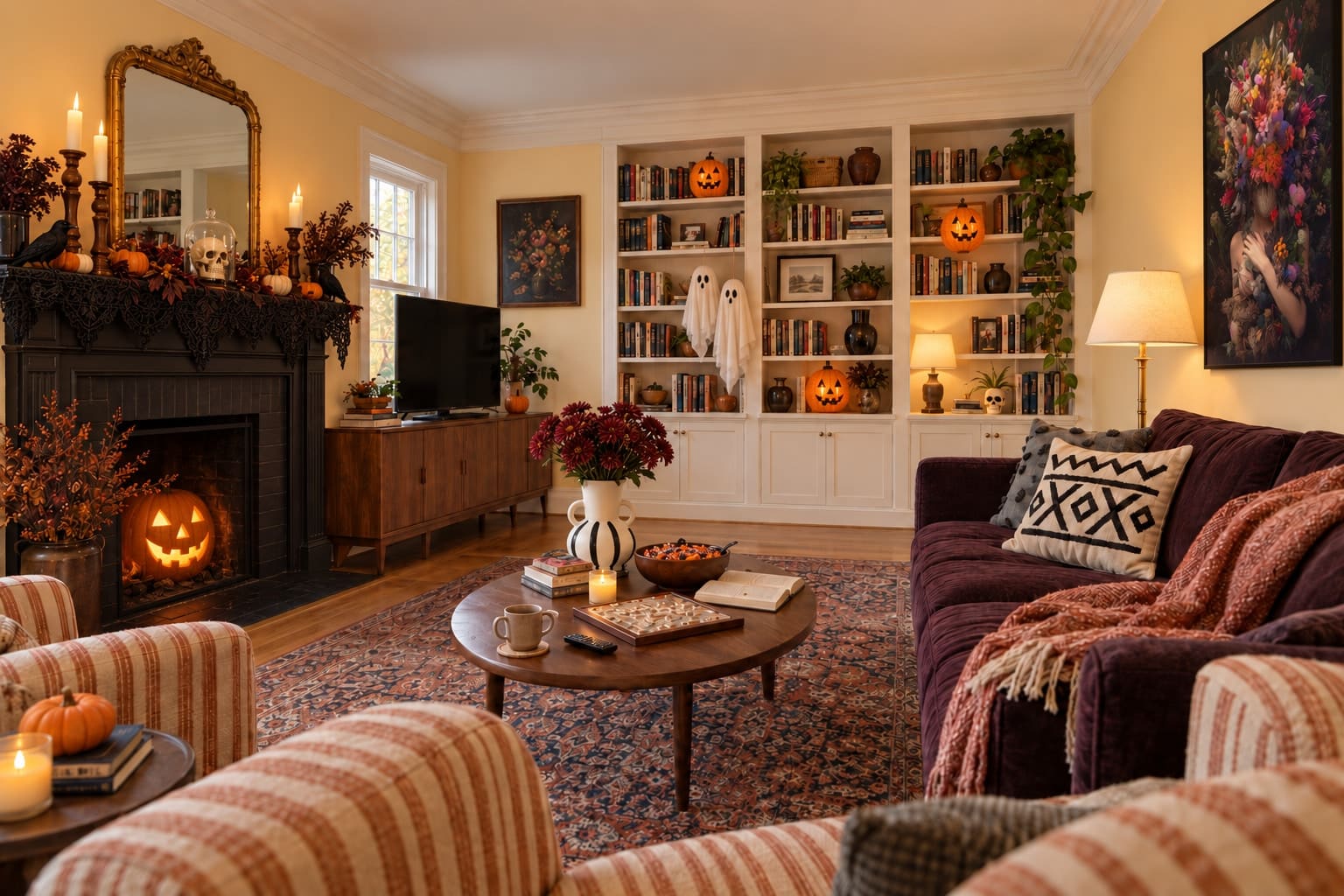Floral Mask hangs above the plum sofa. The black mantel has acquired lace and ravens; a jack-o’-lantern glows in the unused fireplace.