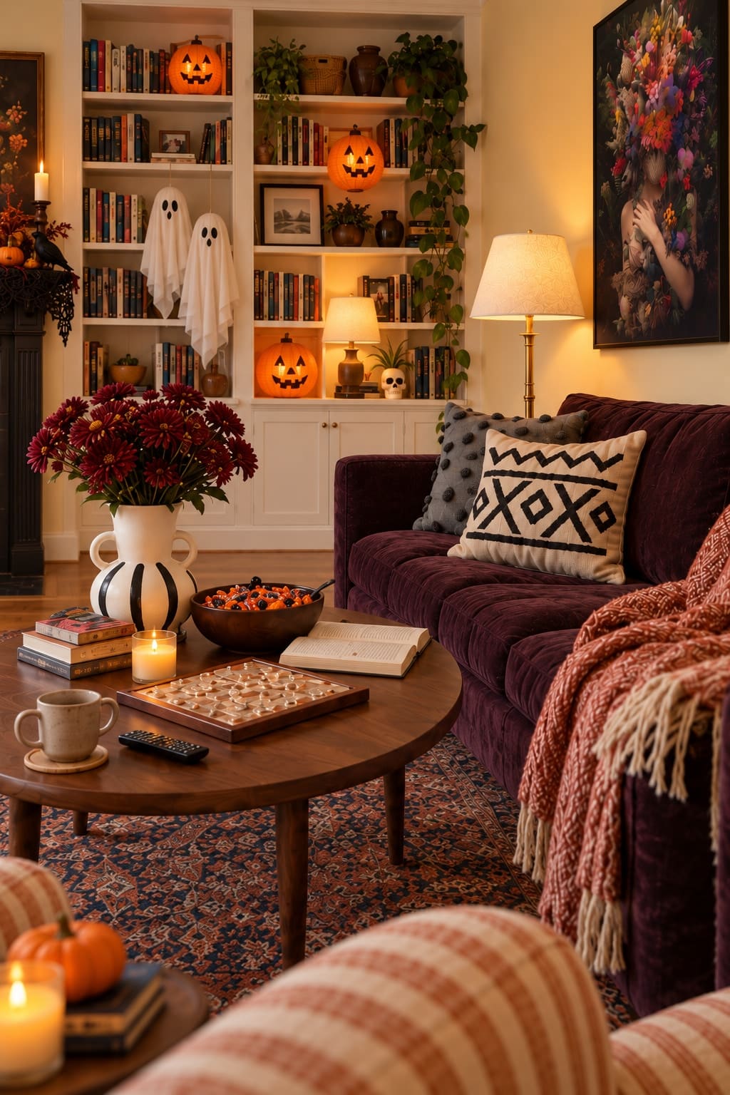 The Liora vase’s black stripes pick up the sofa pillows. Paper pumpkin lanterns and two small ghosts share the shelves with the books.