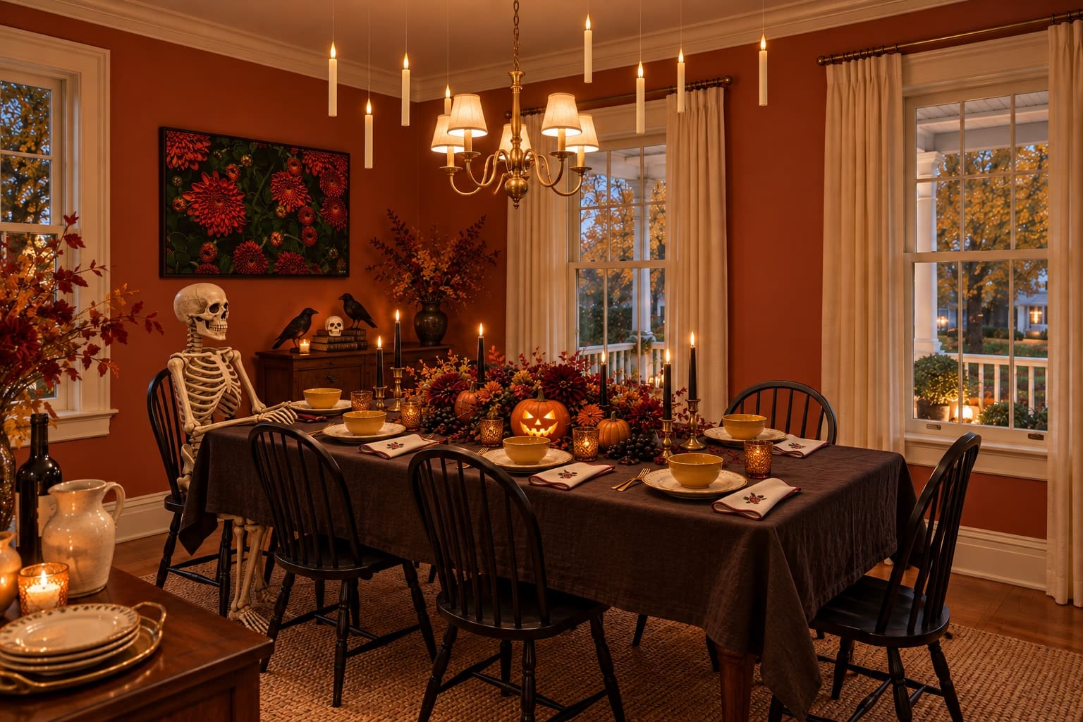 A skeleton takes an end seat beneath Moonlight Mums. Suspended candle props, a carved pumpkin and dark flowers turn supper into an occasion.