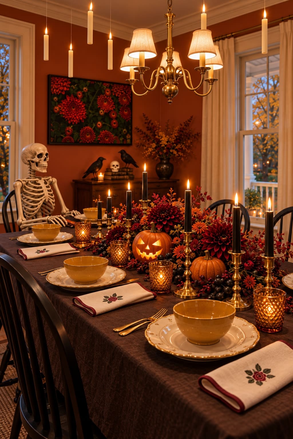Mustard bowls sit on scalloped, gold-edged plates beside rose-patterned napkins. The amber glass and flowers continue the room’s warm colour.