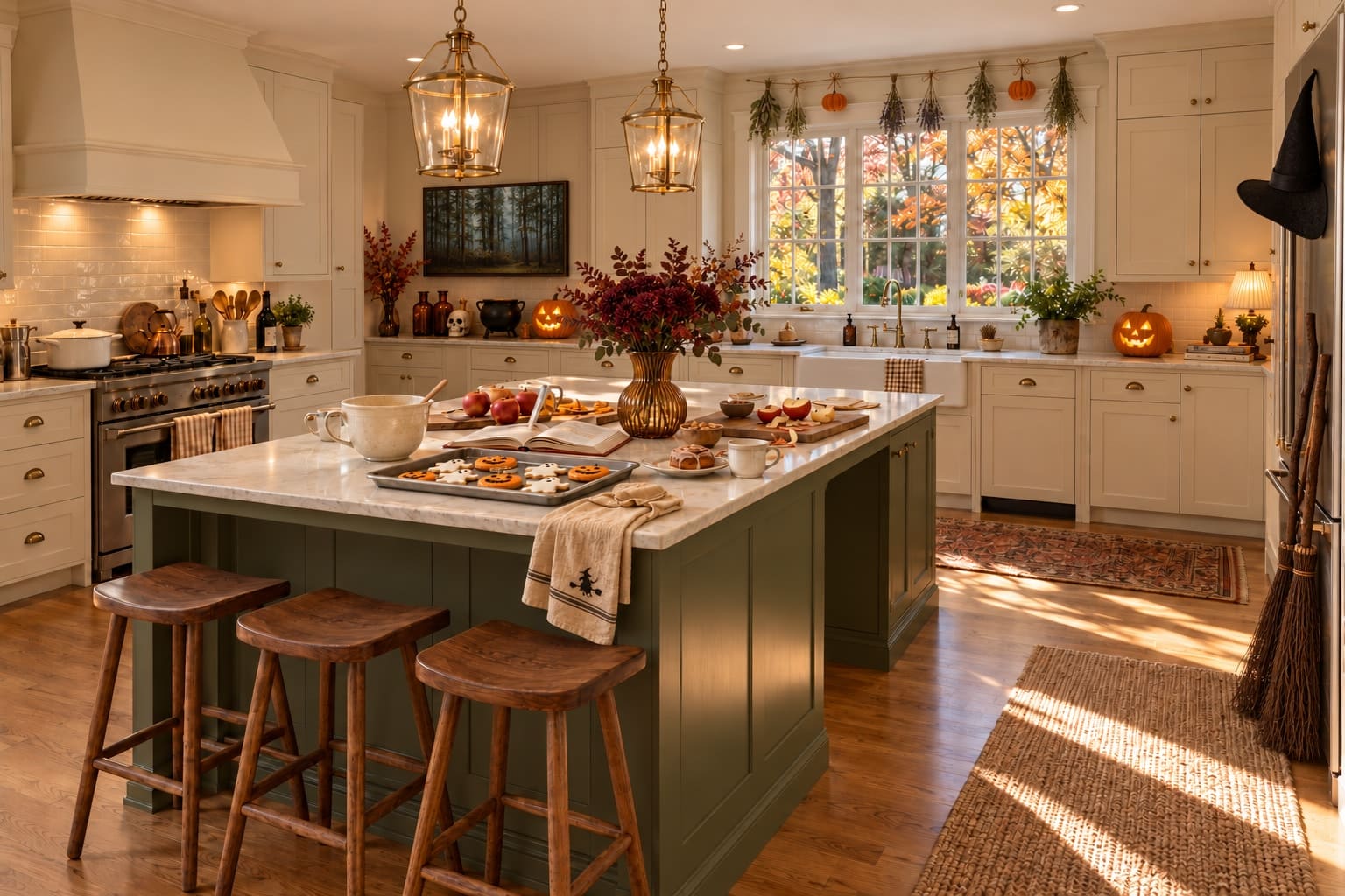 Moody Woods overlooks the kitchen’s apothecary corner. Ghost cookies, a cream mixing bowl and an amber vase occupy the green island.