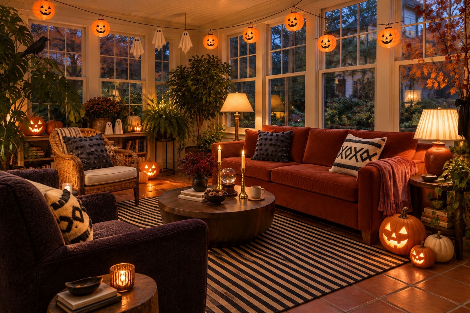 Paper jack-o’-lanterns run around the sunroom above the rust sofa. A glass orb and gold candleholders make a small party vignette on the table.