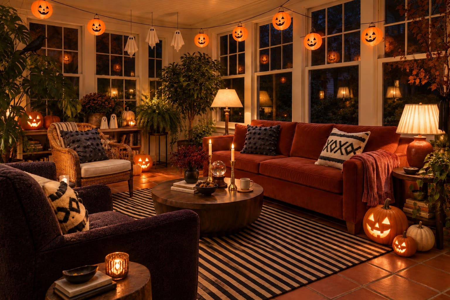 The same sunroom after dark, with pumpkin lanterns reflected in the glass and all the furniture in its original position.