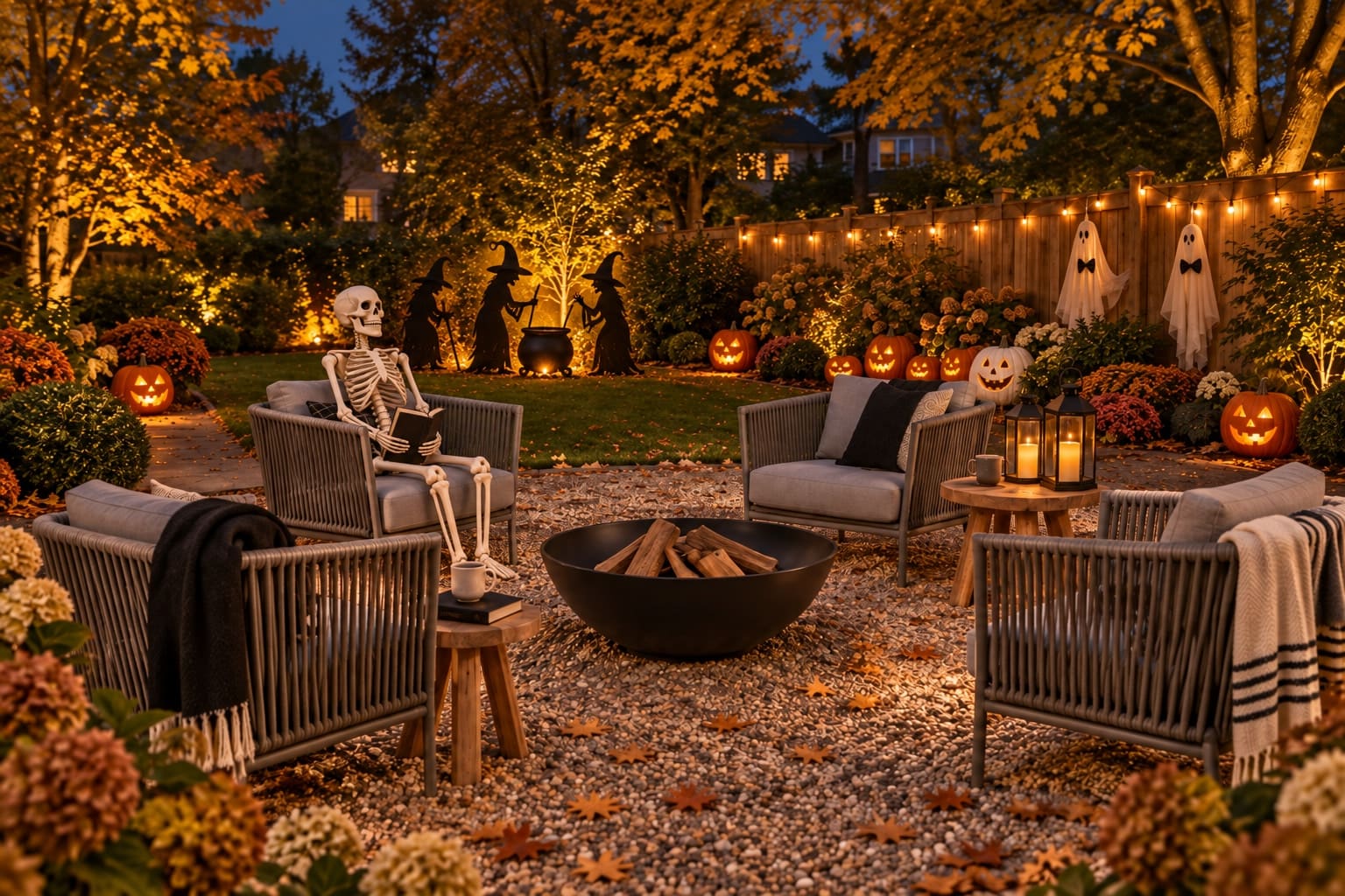 A skeleton has claimed one of the four rope chairs. Witch silhouettes gather on the lawn beyond the unlit fire bowl; the fence ghosts wear bow ties.