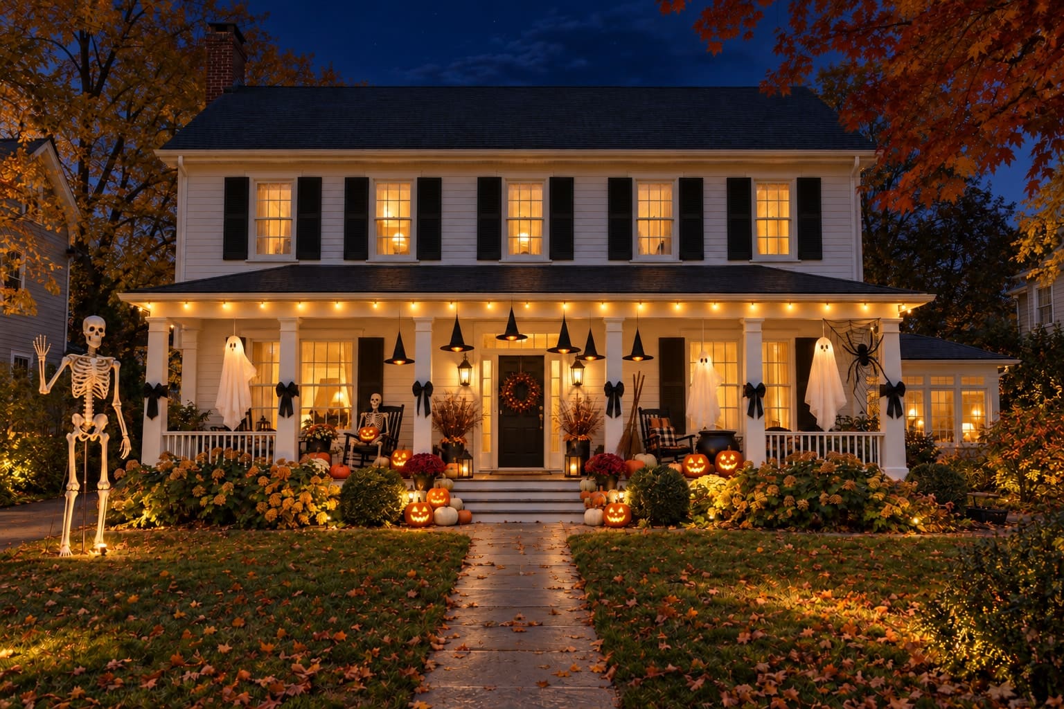 After dark, the porch lights and carved pumpkins draw attention to the entrance. The house, garden and decorations keep their daytime positions.