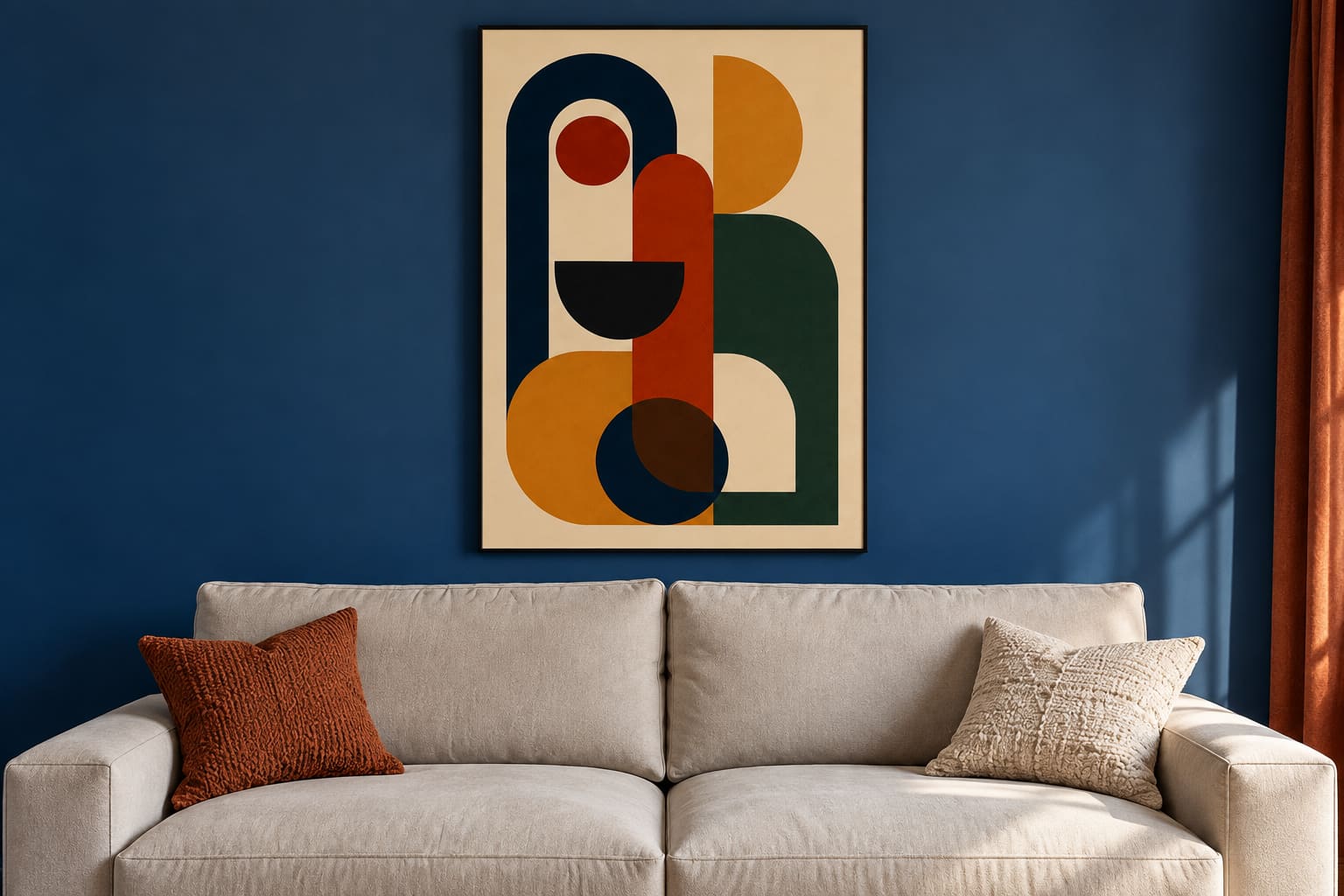 Geometric artwork on the cobalt wall, showing the relationship between its warm shapes and the dark blue room.