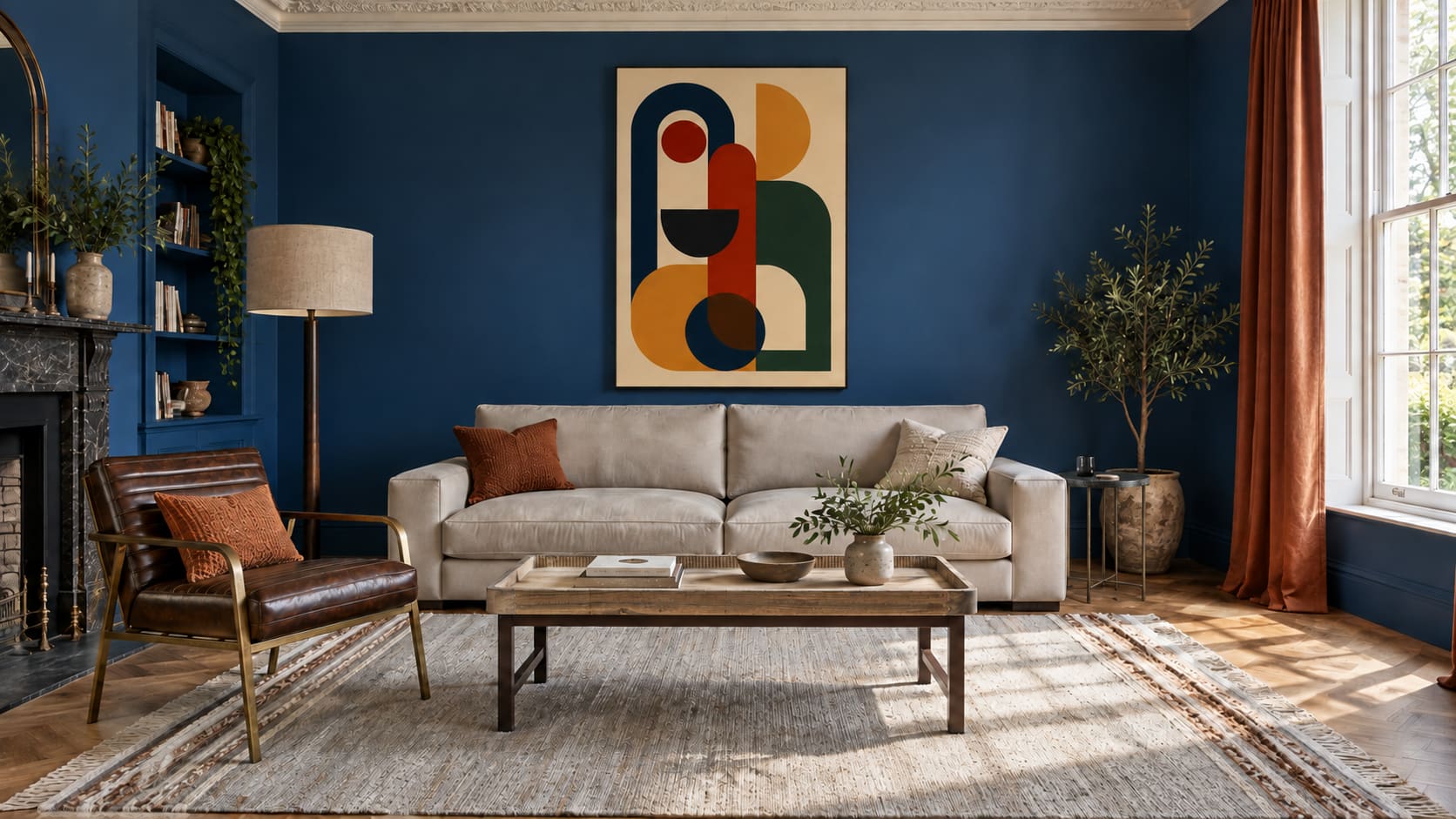 Generous cobalt living room with geometric artwork, pale Stone-cotton sofa, ribbed leather armchair and a pale rug beneath a timber coffee table.