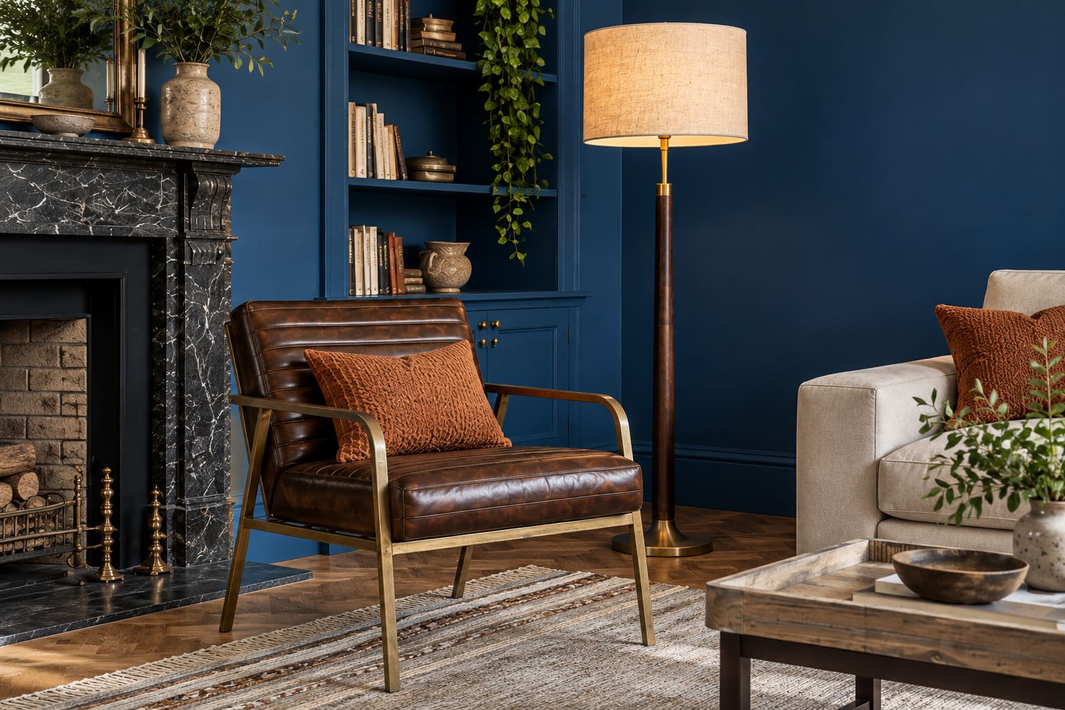 A close view of the ribbed leather chair and warm floor lamp against the blue wall.