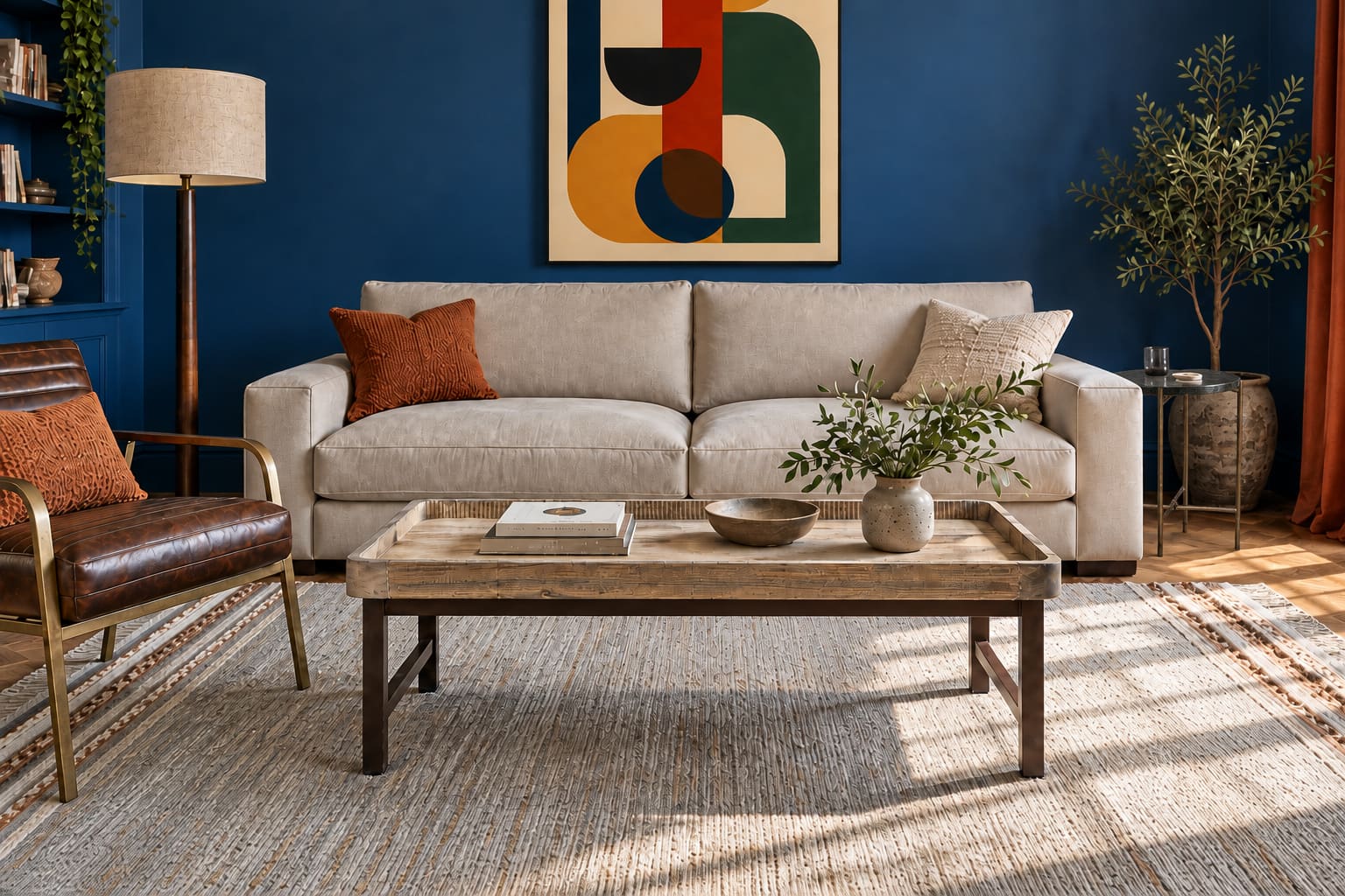 The leather armchair, pale Stone-cotton sofa and reclaimed timber coffee table grouped on a pale woven rug.