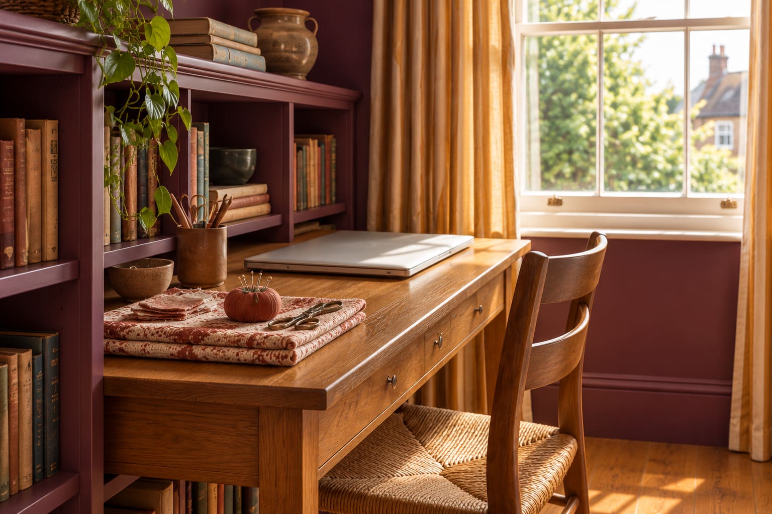The wooden desk beside a sash window, with a closed laptop, cut fabric, pincushion and scissors in afternoon light.