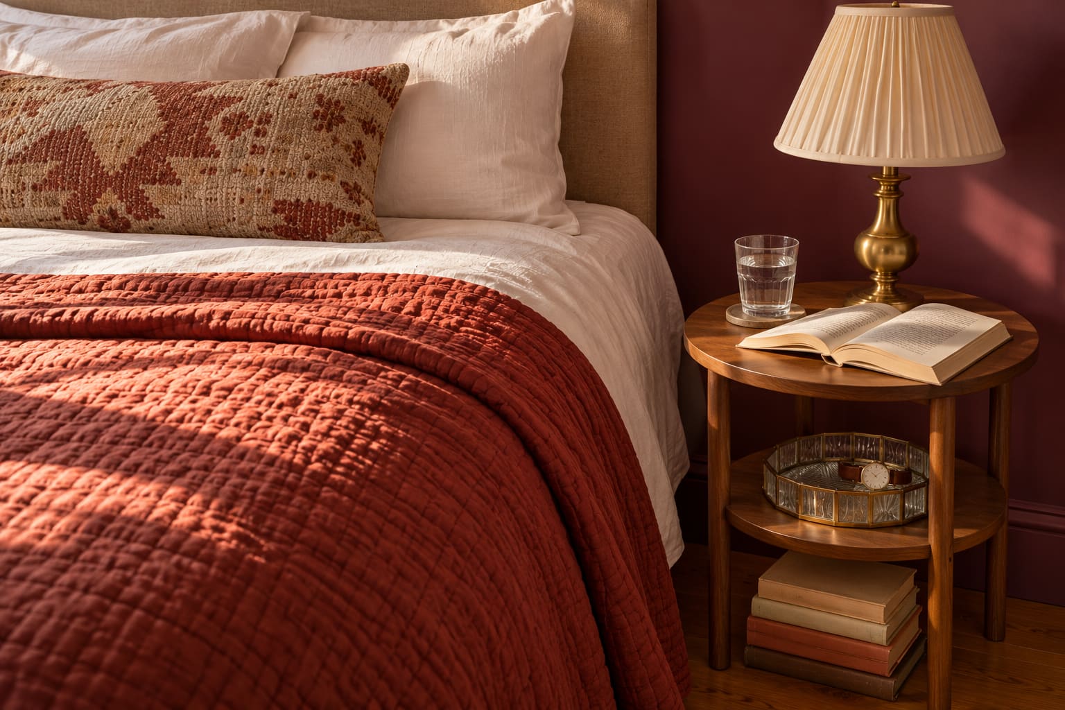 A pleated-shade brass lamp, water glass and open book beside rust-coloured bedding, with a glass-and-brass tray on the lower shelf.