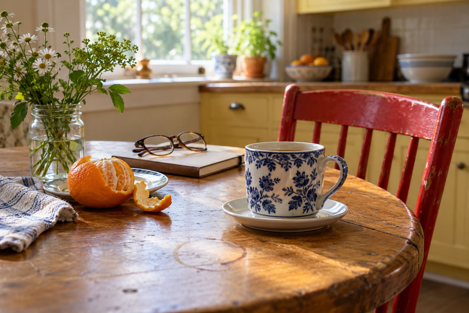 A blue-and-white cup, peeled orange, notebook and glasses on a worn wooden kitchen table beside a red chair.
