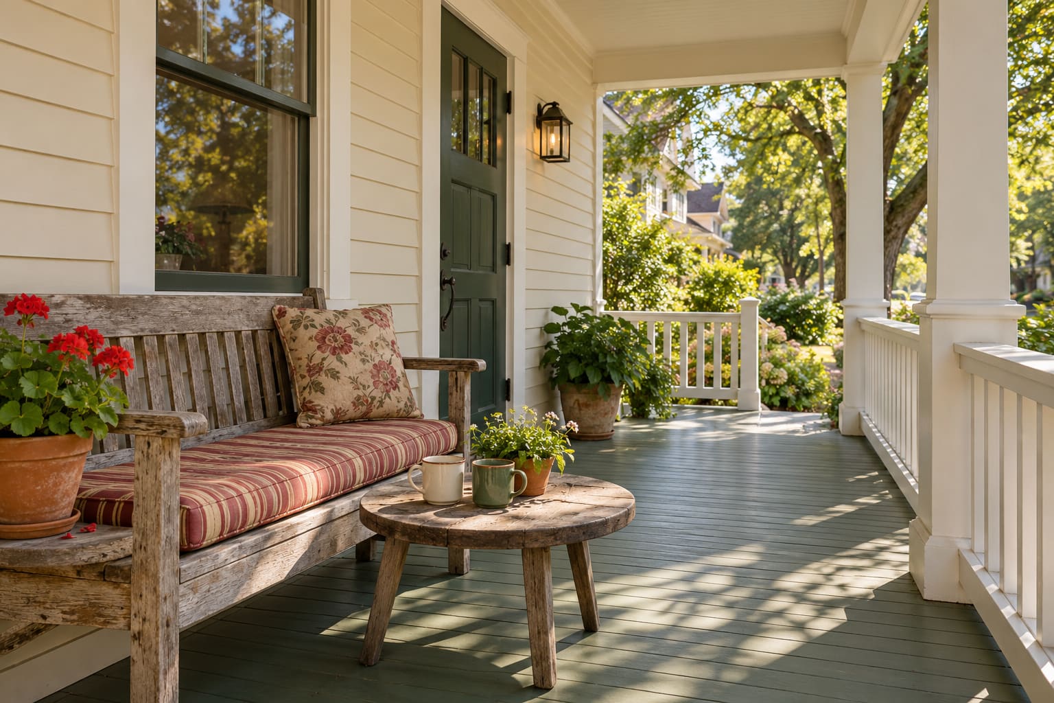 A shaded American porch with a timber bench, striped cushion, small round table, two mugs and flowering pots.