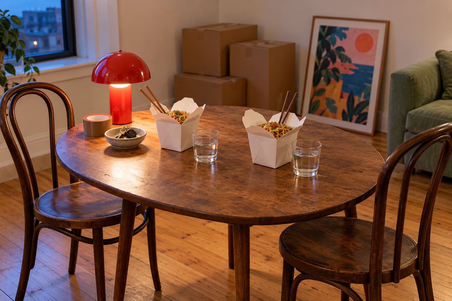 Two takeaway cartons and glasses on a wooden table with a red lamp, keys and packed boxes behind it.