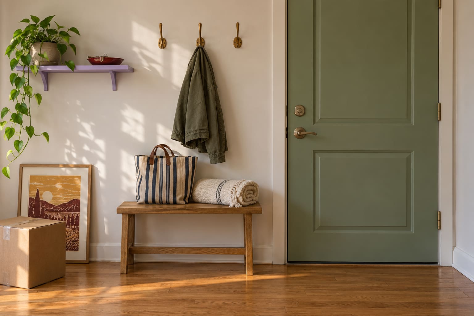 A green apartment door beside a wooden bench, striped bag, rolled throw and one moving box.