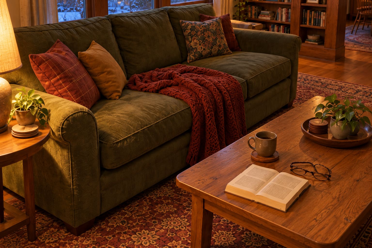 A cinnamon knitted blanket on a deep green sofa, beside an open book, reading glasses and a mug on a wooden coffee table.