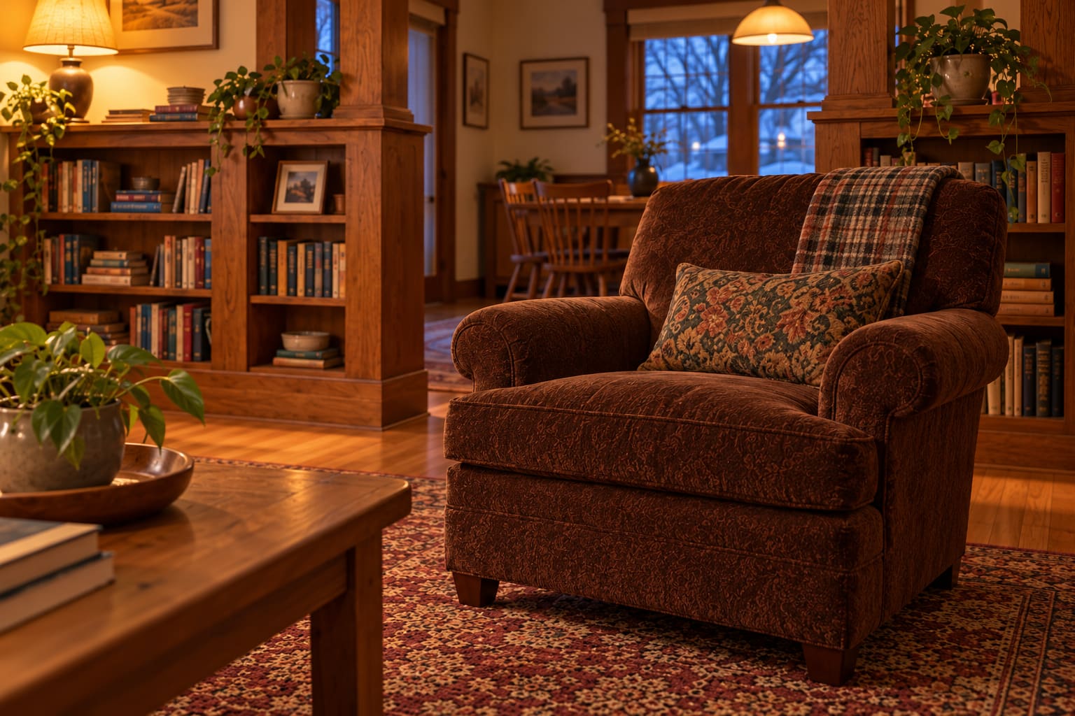 A brown upholstered reading chair with a floral cushion and plaid throw, beside oak built-in bookcases and an opening into the dining room.