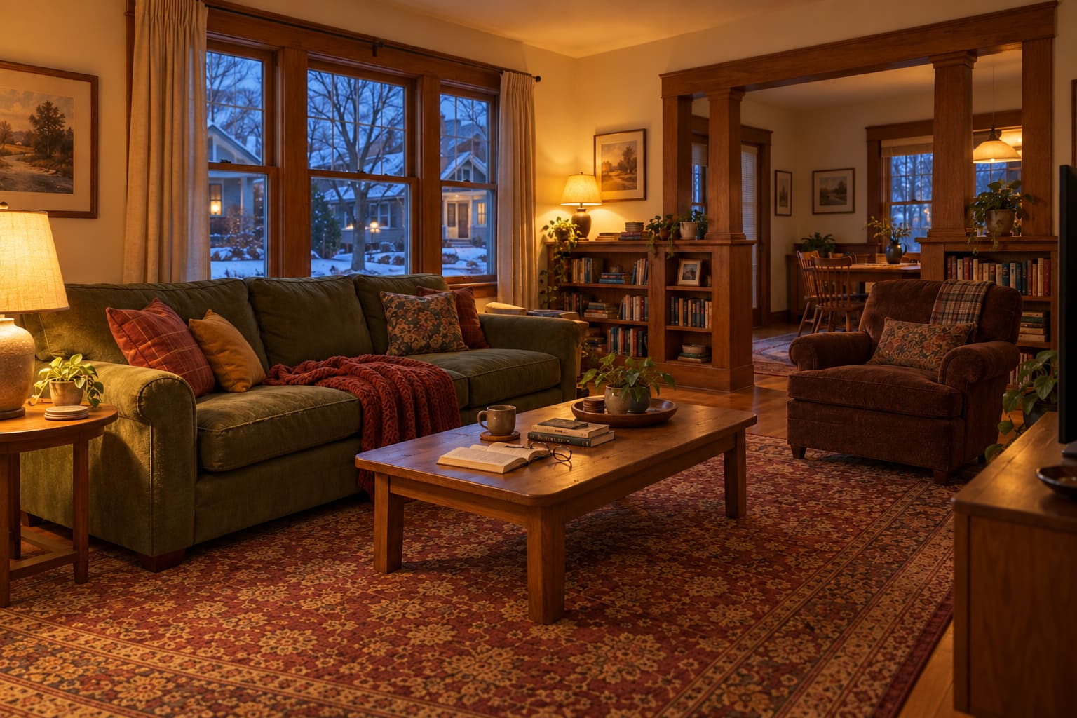 A moss-green sofa, brown reading chair and patterned rug in an oak-trimmed American bungalow, with snowy neighbouring porches beyond the windows.