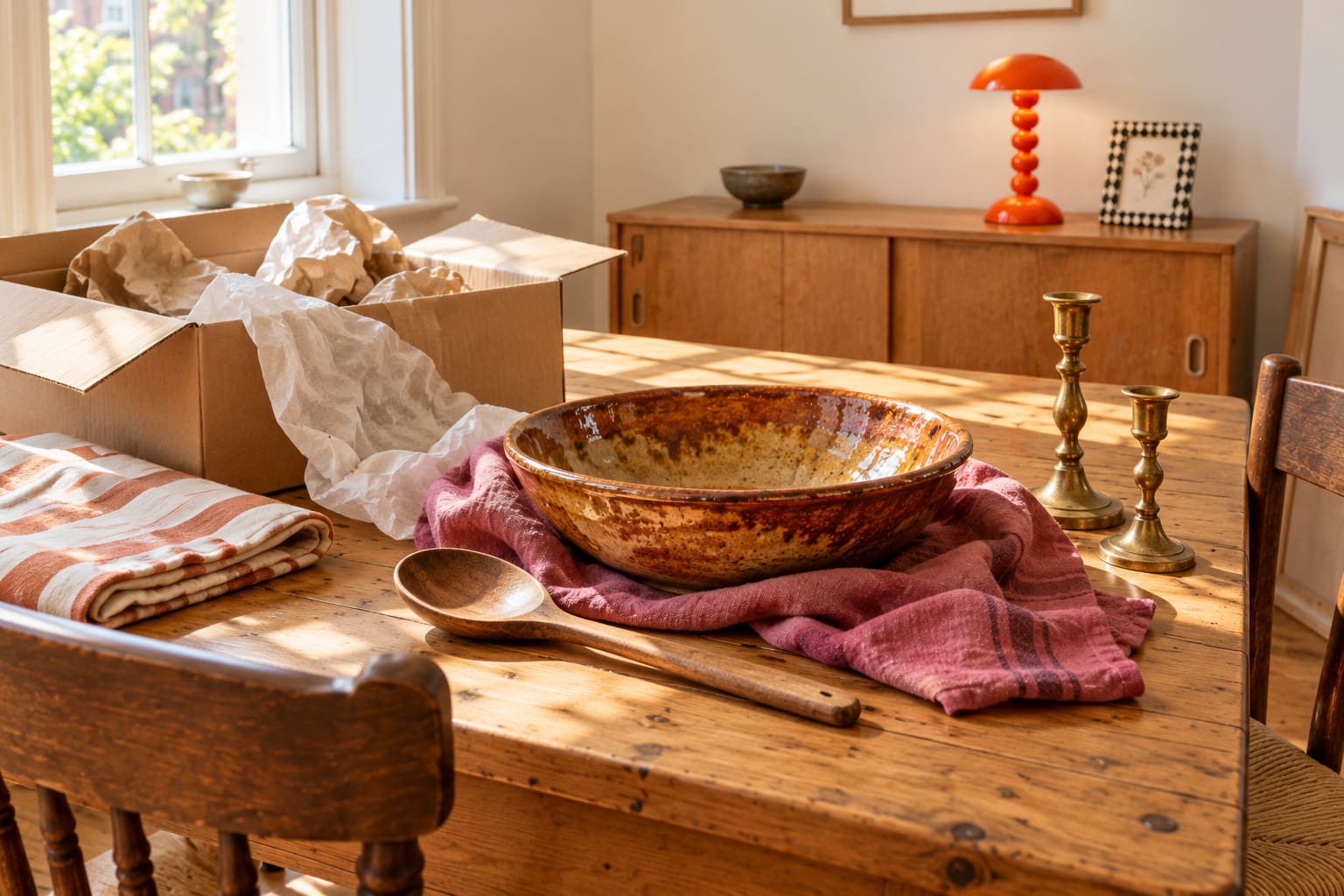 An open cardboard box, rust-glazed serving bowl, raspberry tea towel, wooden spoon and brass candlesticks on the pine table.