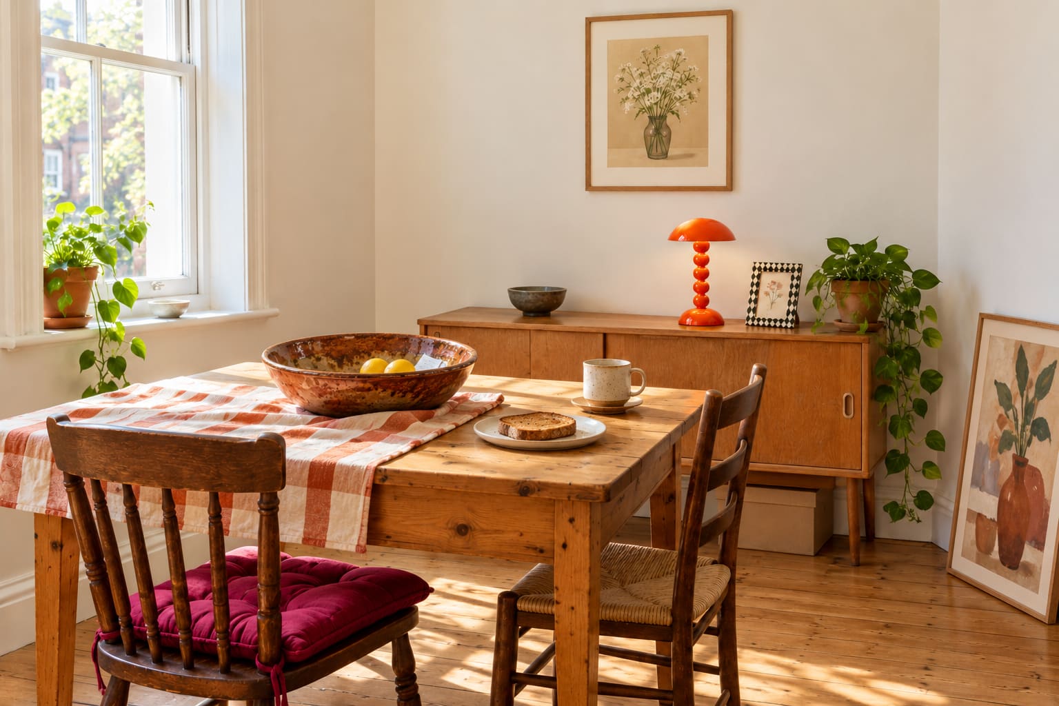 The same dining nook with toast, a cup and two lemons in the large rust-glazed bowl; the leaning picture now faces into the room.