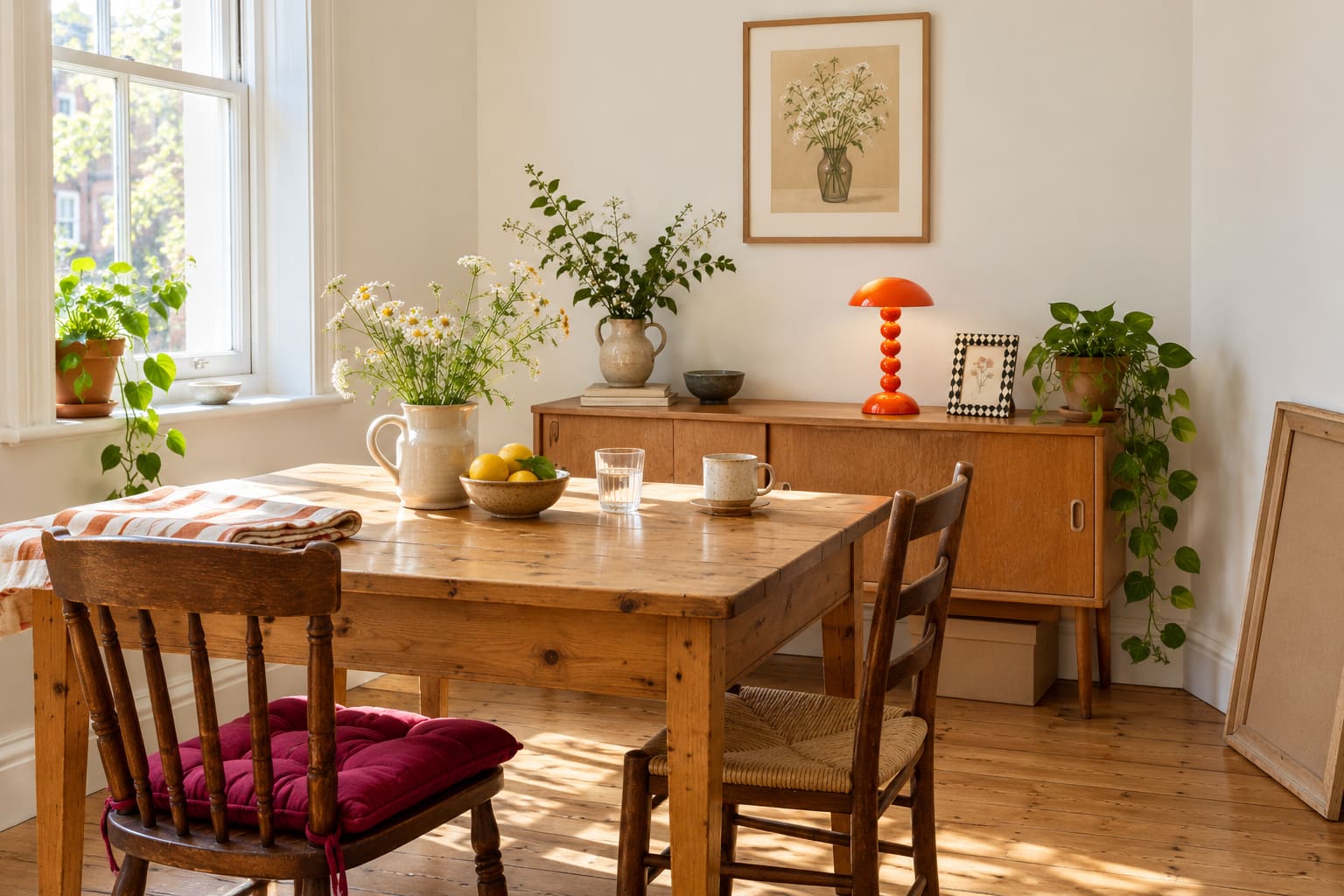 A sunlit dining nook with a pine table, mismatched wooden chairs, orange bobbin lamp and a large picture leaning with its back facing out.