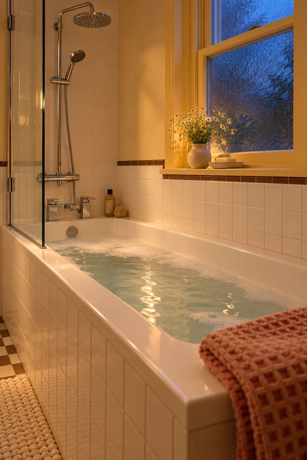 The compact yellow bathroom bath at dusk.