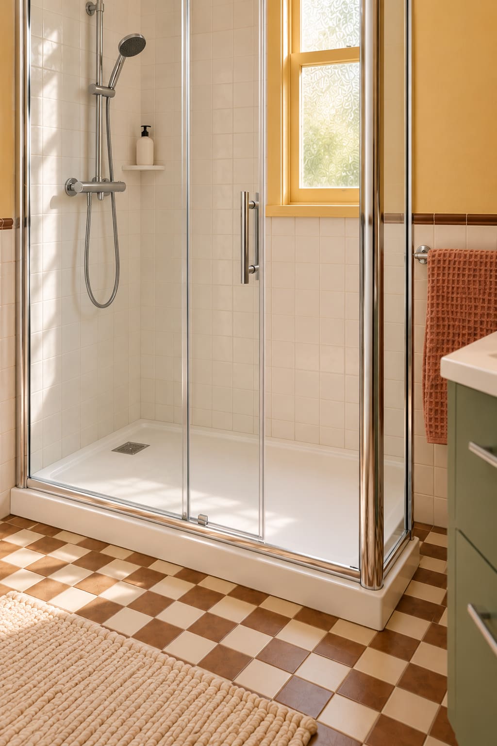 The compact shower with chrome fittings and raised white tray.