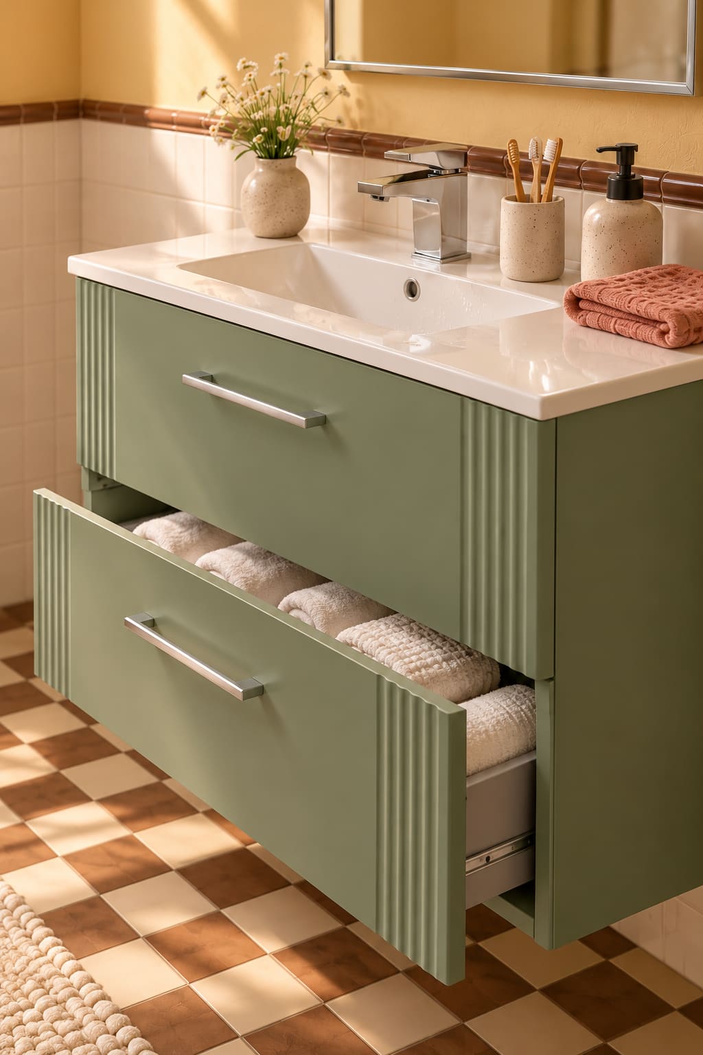 Green vanity with storage drawer open and a ceramic basin.