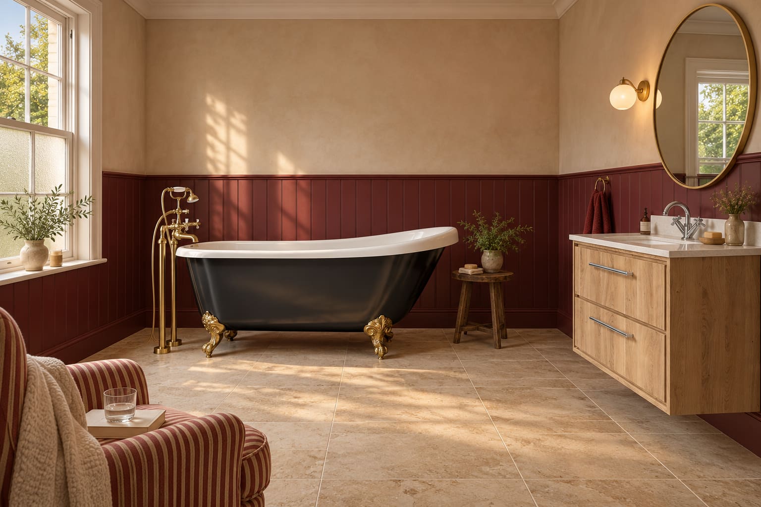 Black clawfoot bath with a woodgrain vanity, wine panelling and striped dry chair.