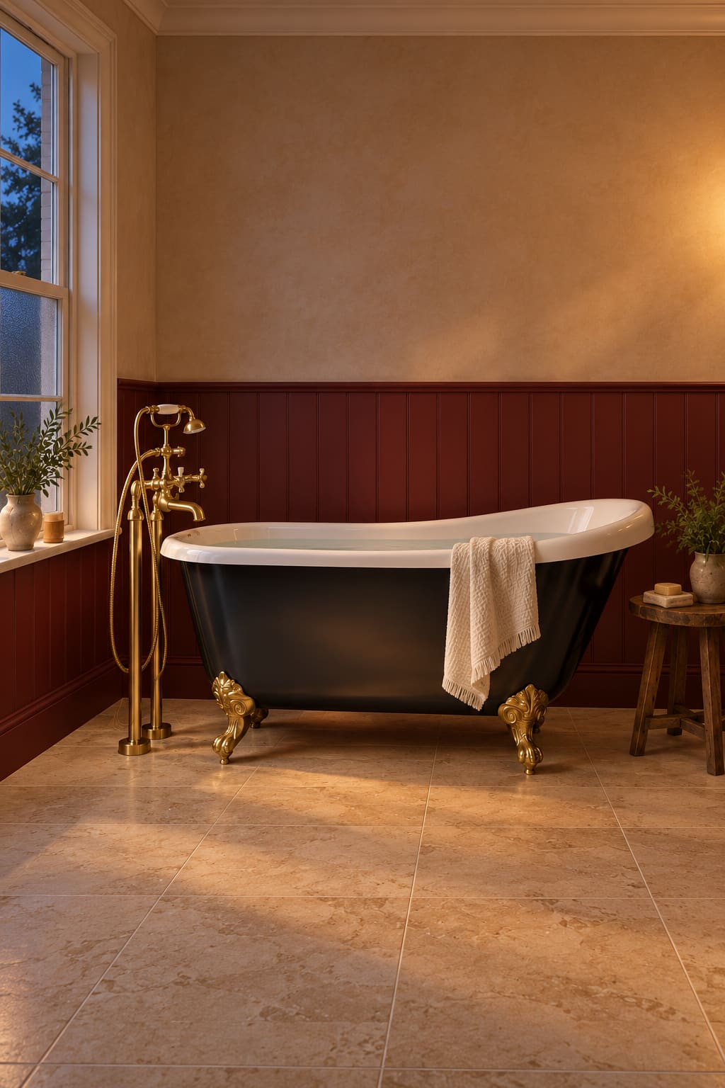 Black slipper bath with brass feet and filler, a towel and soft evening light.