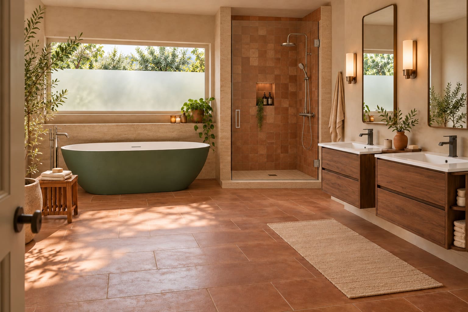 Olive bath below a privacy window with a separate shower and timber vanities.