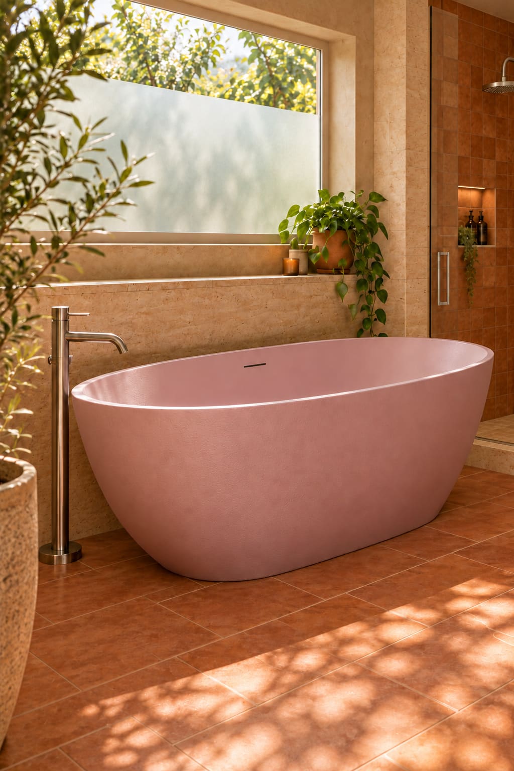 Dusty-pink oval bath with matching pink interior, warm stone and terracotta floor.