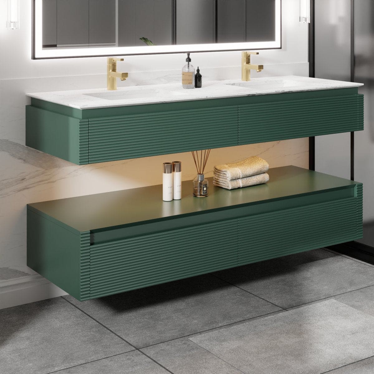 Segeo green floating double vanity, retailer photograph