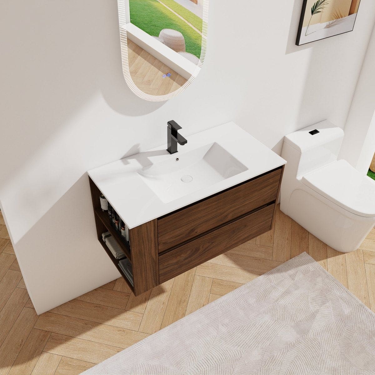 Allsumhome brown-oak floating vanity, retailer photograph